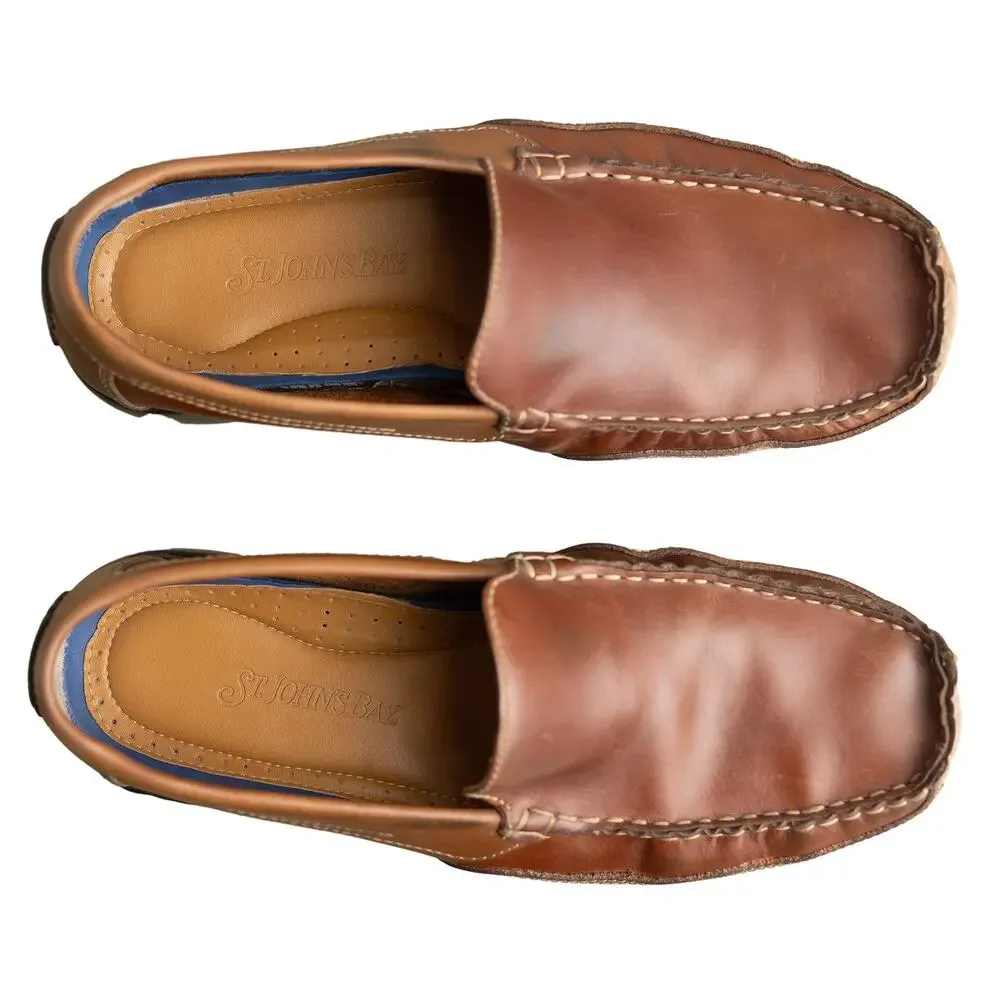 St. John's Bay Men's Brown Leather Driving Loafers Sz 11D Venetian Slip On Moc's